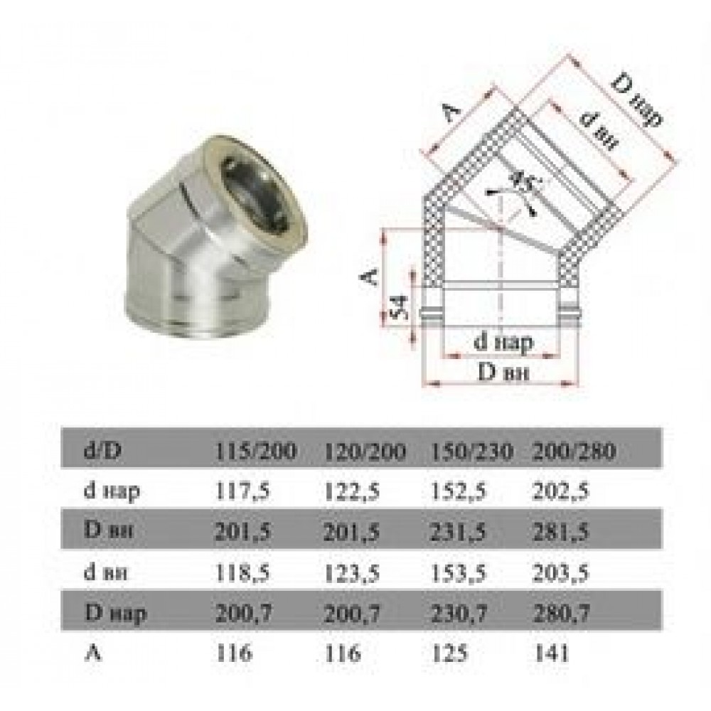 ДЫМОК Отвод ДМК 45 гр с изол D120/200