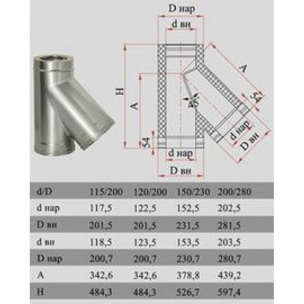 ДЫМОК Тройник ДМК ЛЮКС 321/439 0,5мм 45 гр с изол D150/230